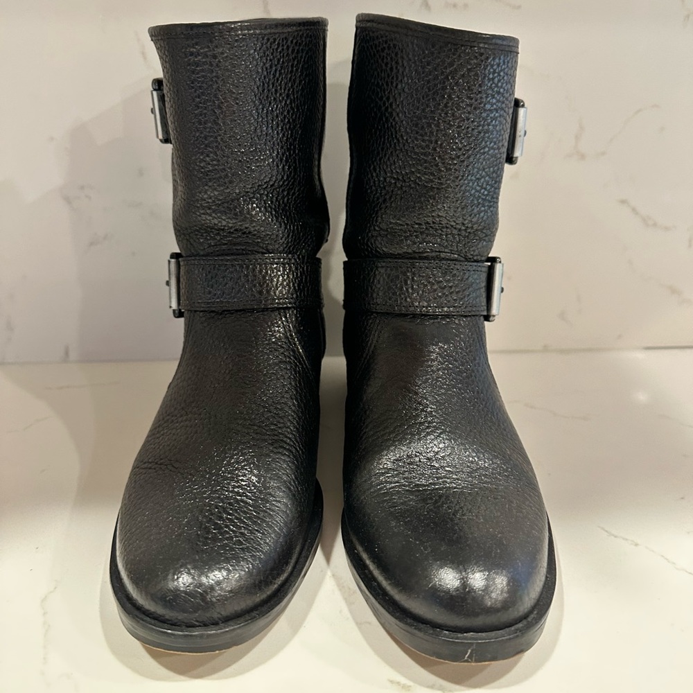 J. Crew Rider Black Pebbled Leather Buckle Biker Heeled Ankle Boots Size 6